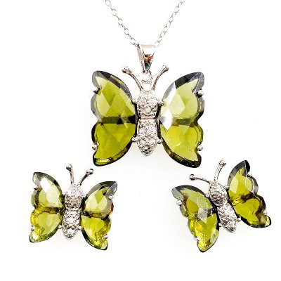 Sterling Silver Set Chess Cut Olivine Cubic Zirconia+Pave Clear Cubic Zirconia Butterfly