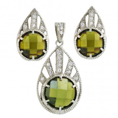 Sterling Silver Set Open Clear Cubic Zirconia Lines Tear Drop with Chess Cut Round