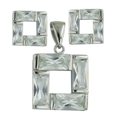 Sterling Silver (Smaller Earring) Set Clear Cubic Zirconia Makes Square