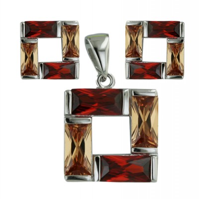 Sterling Silver (Smaller Earring) Set Garnet +Champagne Cubic Zirconia Makes Square