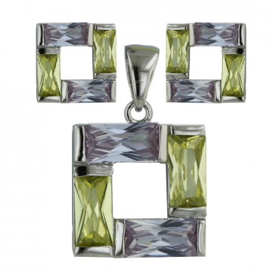 Sterling Silver (Smaller Earring) Set Lv+Light Per.Cubic Zirconia Makes Square
