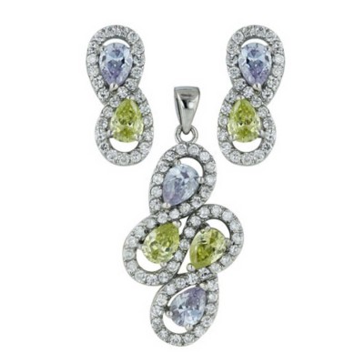 Sterling Silver Pendant (4) +Earg (2) Sets Ltper.+Lv Cubic Zirconia Tear Drop with Cubic Zirconia