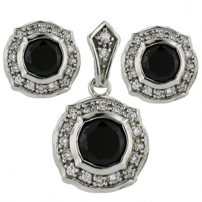 Sterling Silver Set Black Cubic Zirconia with Cubic Zirconia Around