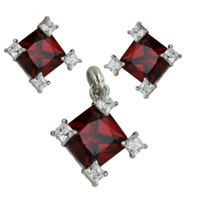 Sterling Silver Pendant (10mm) +Earg (8mm) Sets Square Garnet Cubic Zirconia with 4 (2.5X2