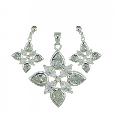 Sterling Silver Pendant 28X28mm+Earring 16X16mm 4 Clear Cubic Zirconia Marquis+T-Dr