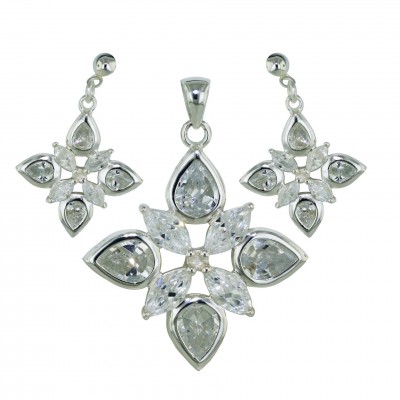 Sterling Silver Pendant 28X28mm+Earring 16X16mm 4 Clear Cubic Zirconia Marquis+T-Dro