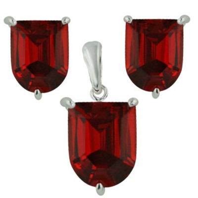 Sterling Silver Pendant (L=10mm) +Earg (L=8mm) Sets Shield Garnet Cubic Zirconia