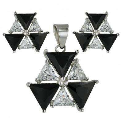 Sterling Silver Pendant (10+8mm) +Earg (5+3mm) Sets 3 Big Black Cubic Zirconia+Small