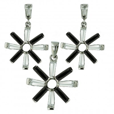Sterling Silver Set 8Pcs Black+Clear Cubic Zirconia Baguette
