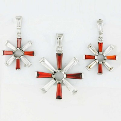 Sterling Silver Set 8Pcs Garnet +Clear Cubic Zirconia Baguette