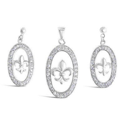 Sterling Silver Pendant+Earring Set Clear Cubic Zirconia Oval+Plain Fleur De Lis