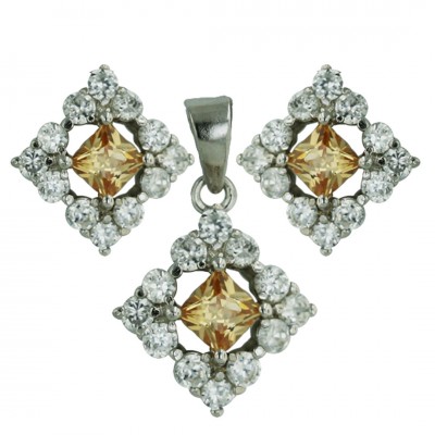 Sterling Silver Set 4.5X4.5mm Princess Cut Square Champagne Cubic Zirconia with Clear Cubic Zirconia