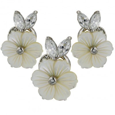 Sterling Silver Set White Mother of Pearl Flower with 2 Clear Cubic Zirconia Marquis
