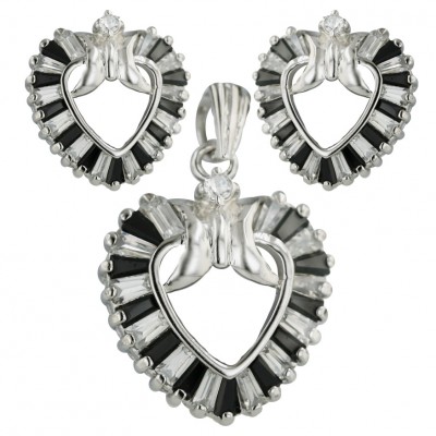 Sterling Silver Sets Black+Clear Cubic Zirconia Baguette Open Heart