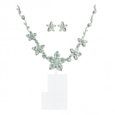 Sterling Silver Necklace+Earring Sets Multicolor 5 Petals Clear Cubic Zirconia Barrel