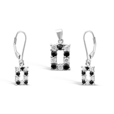 STERLING SILVER SET BLACK AND CLEAR CUBIC ZIRCONIA RECTANGULAR LINE