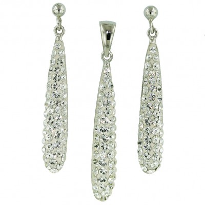 Sterling Silver Set Pave Clear Crystal Shade Oblong Drop with Open