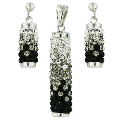 Sterling Silver Set Pave Black+Clear Crystal Shade Cyclinder