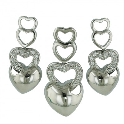 Sterling Silver Set Plain Open+Clear Cubic Zirconia+Puff Heart