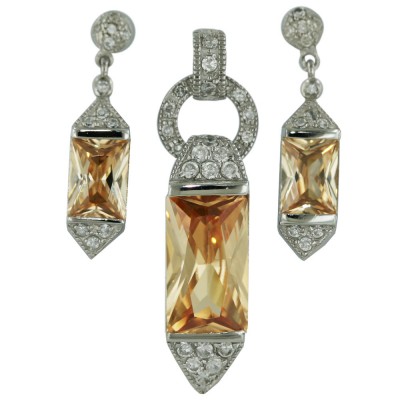 Sterling Silver Set Rectangular Champagne Cubic Zirconia with Triangle Clear Cubic Zirconia Up+Bottom