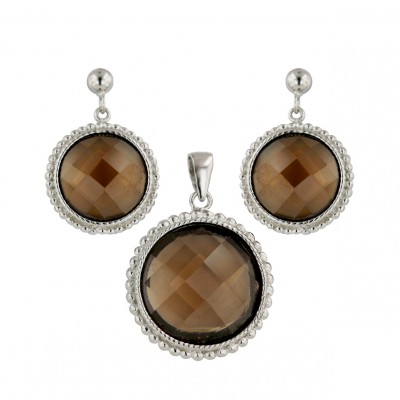 Sterling Silver Pendant (18mm) +Earg (13mm) Sets Chess Cut Coffee Cubic Zirconia