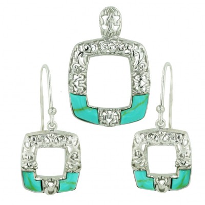 Sterling Silver Set Open Cushion Faux Turquoise Filigree--Rhodium Plating/N