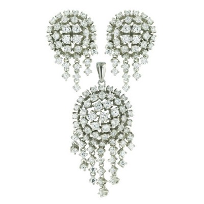 Sterling Silver Set Clear Cubic Zirconia Dome with Clear Cubic Zirconia Raindrop