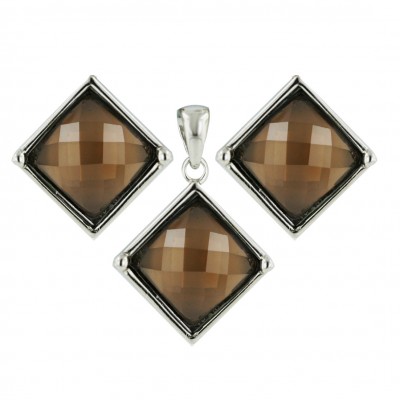 Sterling Silver Set 13.5mmx13.5mm Coffee Square Chess Cut Dome