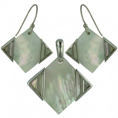 Sterling Silver Pendant (19X19mm) +Earg (16X16mm) Sets Flat Square White