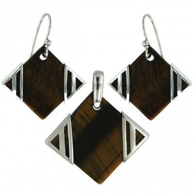 Sterling Silver Pendant (19X19mm) +Earg (16X16mm) Sets Flat Square Tiger