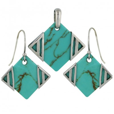 Sterling Silver Pendant (19X19mm) +Earg (16X16mm) Sets Flat Square Faux