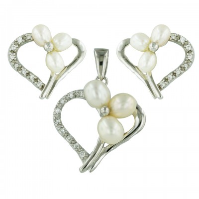 Sterling Silver Set 6mm White Fresh Water Pearl with Heart Half Cubic Zirconia and Plain