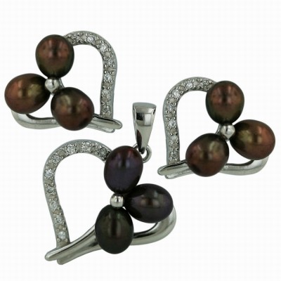 Sterling Silver Set 6mm Coffee Fresh Water Pearl with Heart Half Cubic Zirconia and Plain