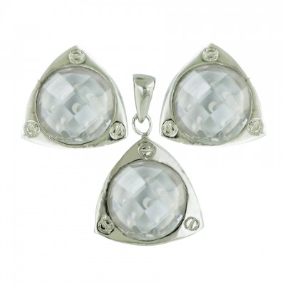 Sterling Silver Set Clear Round Cubic Zirconia Chess Cut Dome Trillion