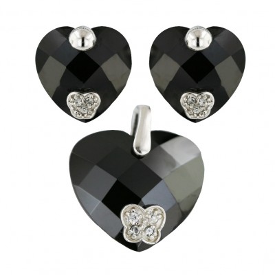 Sterling Silver Pdt 20mm Earring 14mm Set Black Chess Cut Heart with Cubic Zirconia