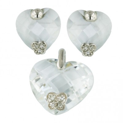 Sterling Silver Pdt 20mm Earring 14mm Set Clear Chess Cut Heart with Cubic Zirconia