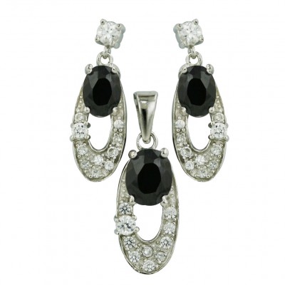 Sterling Silver Pdt 7mm Earring 5mm Black Cubic Zirconia Oval with Cubic Zirconia 'O'