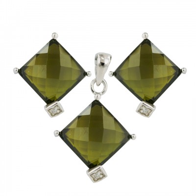 Sterling Silver Pendant+Earring 11X11mm Olivine Chess Cut with Clear Cubic Zirconia Bez