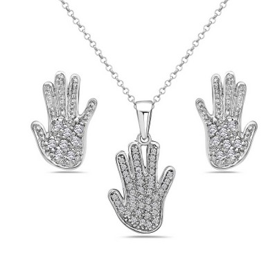 Sterling Silver Set Pave Clear Cubic Zirconia Heart