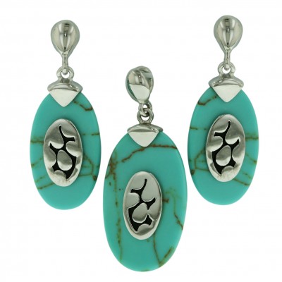 Sterling Silver Pendant (25X15mm) +Earg (22X13mm) Set Long Flat Oval F