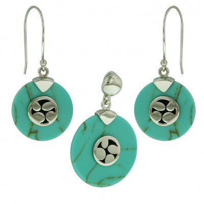 Sterling Silver Pendant (22mm) +Earg (18mm) Set Flat Round Faux Turquoise with