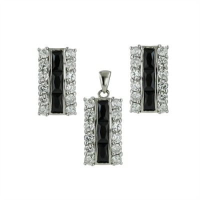 Sterling Silver Set Channel Set 3Pcs Black Cubic Zirconia Ctr+Both Side Cle