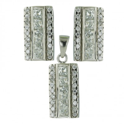 Sterling Silver Set Channel Set 5Pcs Clear Cubic Zirconia Ctr+Both Side--Rhodium Plating/