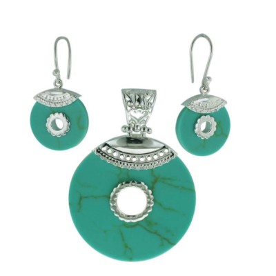 Sterling Silver Pendant (Outer=38mm) +Earg (Outer=17mm) Set Open Faux