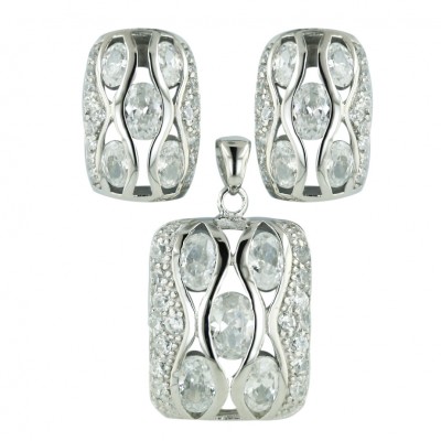 Sterling Silver Pendant 21X17mm+Earring 18X12mm Cushion Clear Cubic Zirconia Oval with