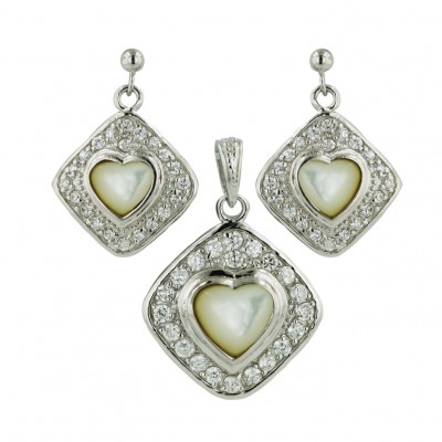 Sterling Silver Set Clear Cubic Zirconia Cushion+White Mother of Pearl Heart