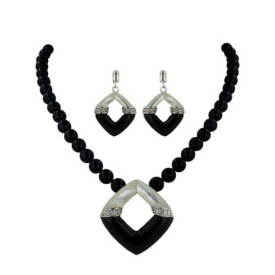 Sterling Silver Set White Mother of Pearl+Onyx Open Square with Clear Cubic Zirconia both