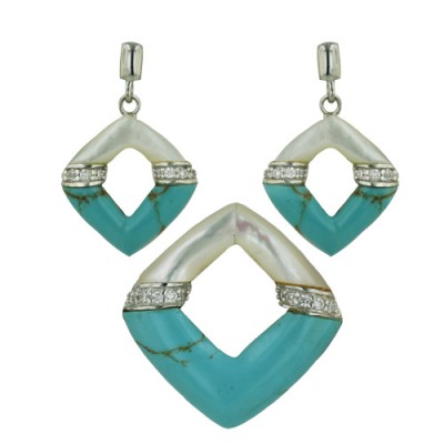 Sterling Silver Set White Mother of Pearl+Faux Turquoise Open Cushion with Clear Cubic Zirconia Bo