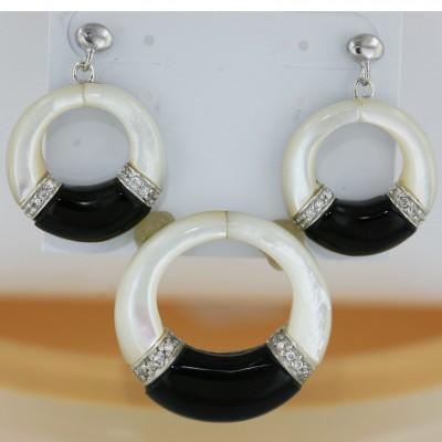 Sterling Silver Set White Mother of Pearl+Onyx Donut with Clear Cubic Zirconia