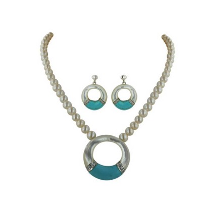 Sterling Silver Set Faux Turquoise+White Mother of Pearl Donut with Clear Cubic Zirconia Necklace